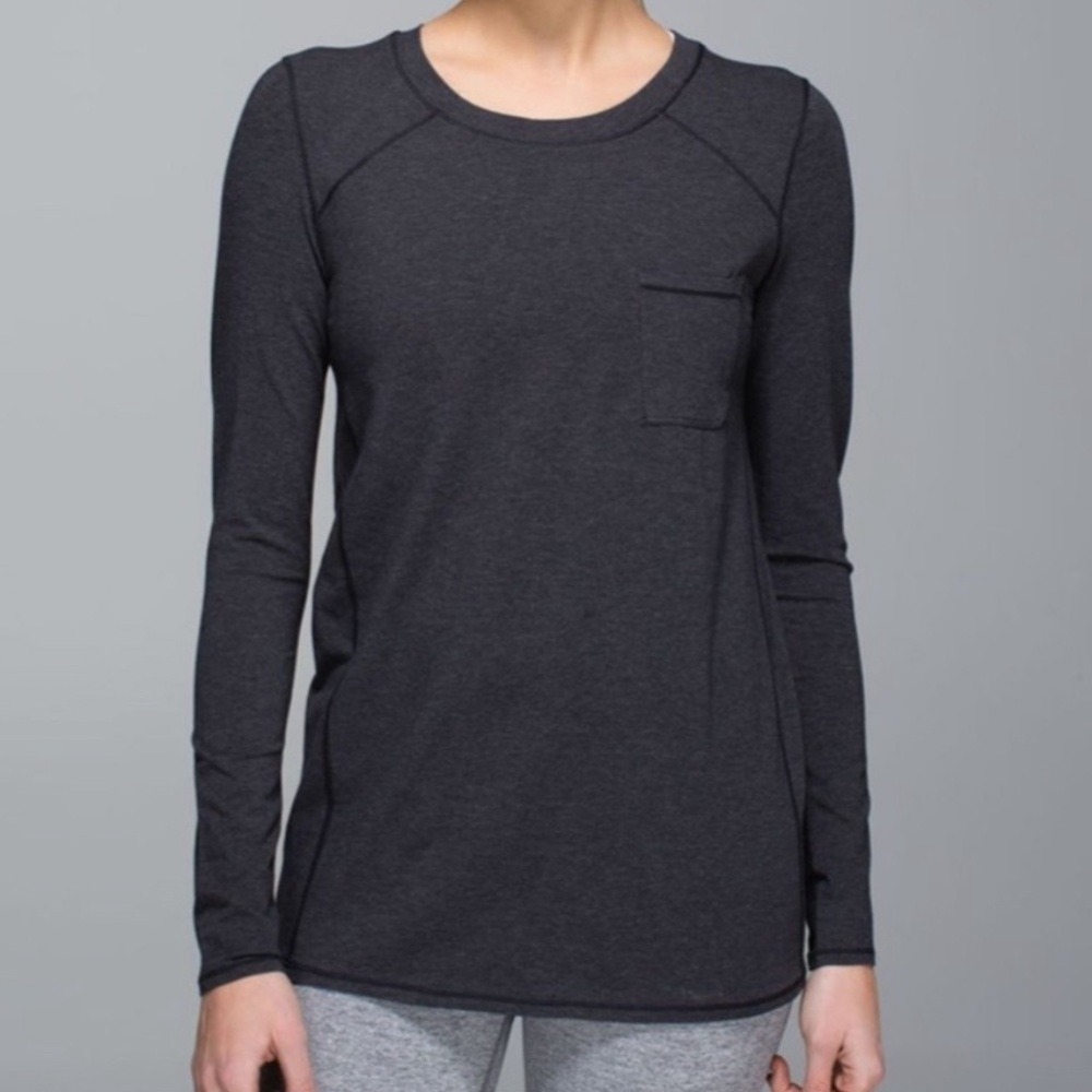 LULULEMON Women Size 10 Find Your Zen Heathered Black Lightweight Pocket Tee